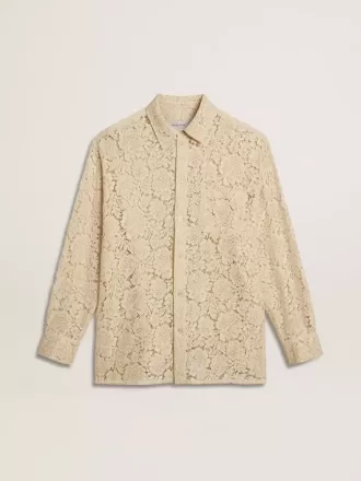 Oversized skjorte i cremefarvet gennemsigtig blonder
