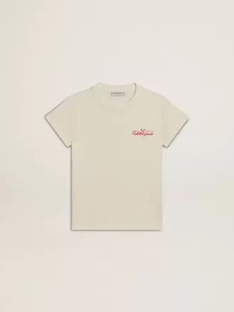 Pige-T-shirt i bomuld i slidt hvid med rødt broderi på brystet