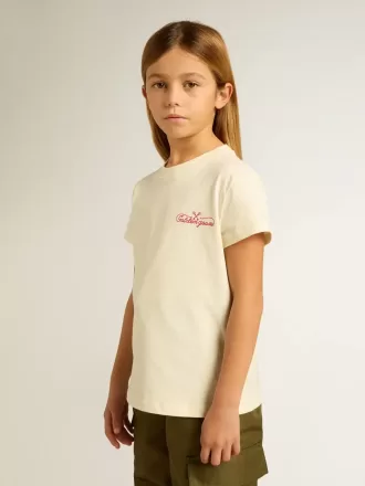 Pige-T-shirt i bomuld i slidt hvid med rødt broderi på brystet