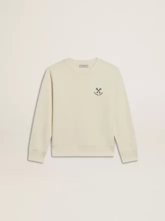 Pige-T-shirt i slidt hvid med broderi foran og print bagpå