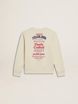 Pige-T-shirt i slidt hvid med broderi foran og print bagpå