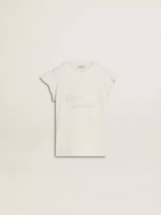 Pige-T-shirt med flæseærmer med bogstaver og broderi