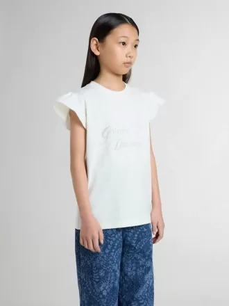 Pige-T-shirt med flæseærmer med bogstaver og broderi