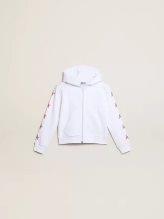 Pigesweatshirt med lynlås i hvid med glitterstjerner på ærmerne