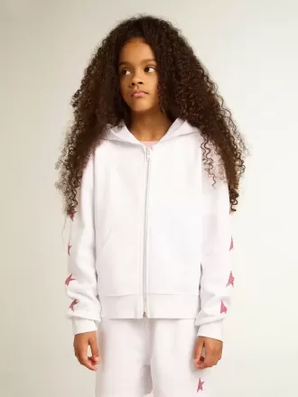 Pigesweatshirt med lynlås i hvid med glitterstjerner på ærmerne