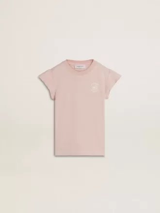 Pink T-shirt til piger med flæser på ærmerne og broderi