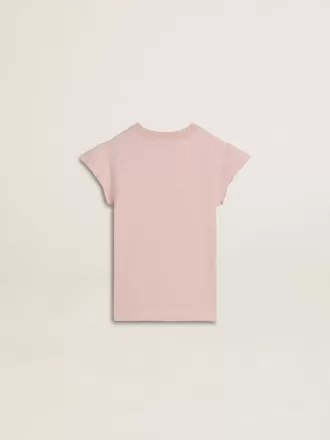 Pink T-shirt til piger med flæser på ærmerne og broderi