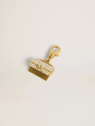Pungformet charm i guldfarvet messing med krystaller