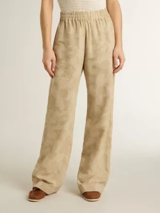 Pyjamasbukser til kvinder i beige jacquard med blomstermønster