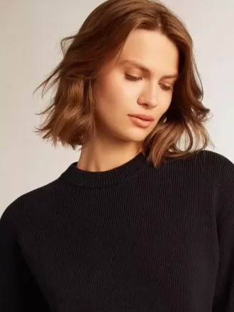 Runde hals sweater til kvinder i mørkeblå bomuld med logo på ryggen