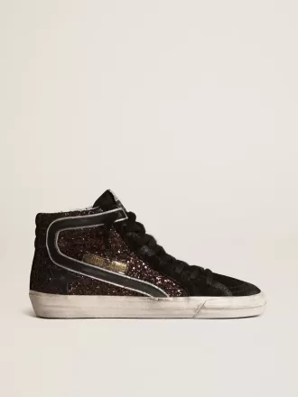 Slide i brun glitter med sort læderstjerne og flash