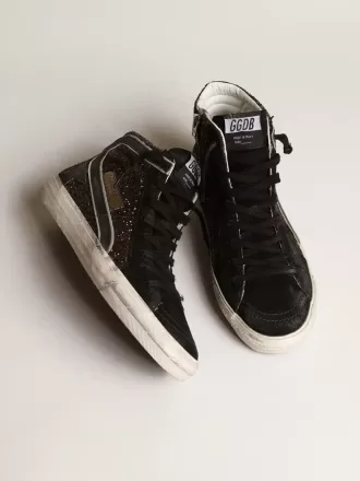 Slide i brun glitter med sort læderstjerne og flash