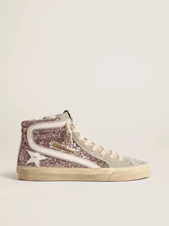 Slide i lilla glitter med hvid læderstjerne og flash
