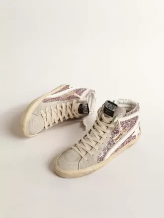 Slide i lilla glitter med hvid læderstjerne og flash