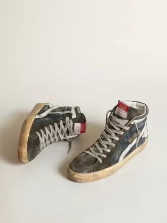 Slide i midnatsblå denim med hvid læderstjerne