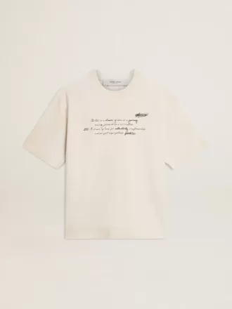 Slidt hvid unisex T-shirt med trykt bogstaver