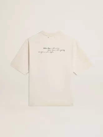Slidt hvid unisex T-shirt med trykt bogstaver