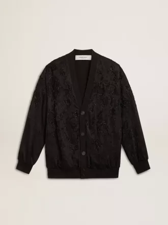 Sort cardigan til kvinder med tone-i-tone toile de jouy-perlebroderi