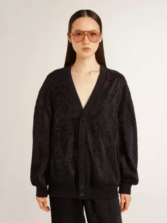 Sort cardigan til kvinder med tone-i-tone toile de jouy-perlebroderi