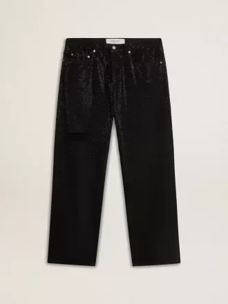Sort jeans til mænd med løs pasform og gradient-effekt med krystaller overalt