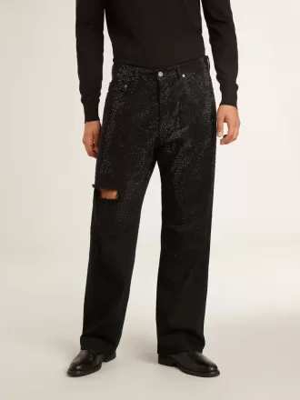 Sort jeans til mænd med løs pasform og gradient-effekt med krystaller overalt