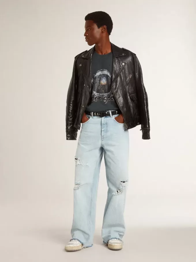 Herrebukser i denim med slidt look