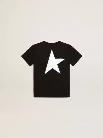 Sort T-shirt med kontrastfarvet hvidt logo foran og stor stjerne bagpå