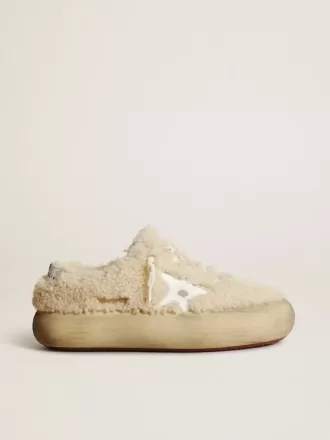Space-Star sko til kvinder i beige lammeskind med hvid læderstjerne og metallisk læderhælkappe