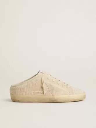 Super-Star Sabot til kvinder i beige canvas med broderede perler og beige ruskindstjerne