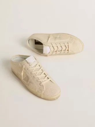 Super-Star Sabot til kvinder i beige canvas med broderede perler og beige ruskindstjerne