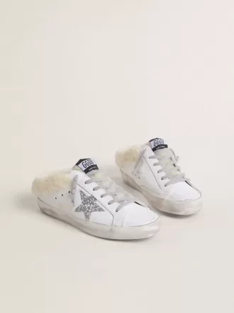 Super-Star Sabots i hvidt læder med shearling-foring og sølvstjerne