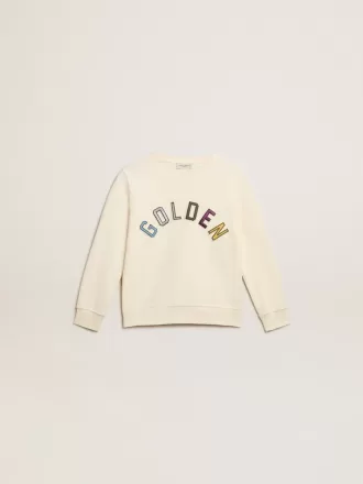 Sweatshirt i ældet hvid med flerfarvet Golden-skrift på fronten
