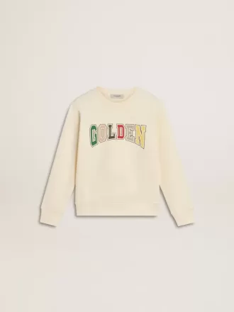 Sweatshirt i ældet hvid med flerfarvet Golden-skrift på fronten