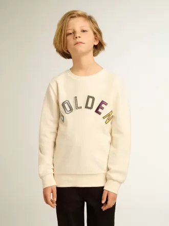 Sweatshirt i ældet hvid med flerfarvet Golden-skrift på fronten