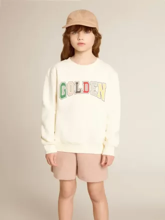 Sweatshirt i ældet hvid med flerfarvet Golden-skrift på fronten