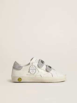 Teen Old School i hvidt læder med sølvfarvet Swarovski-krystal på hælflappen og remmene
