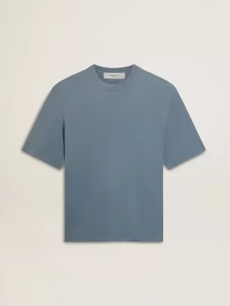 Unisex bomuldst-shirt i babyblå med omvendt tryk på ryggen