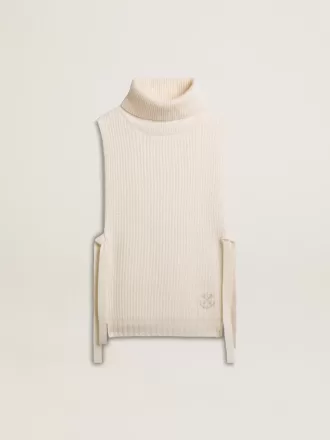 Unisex hvid højhalset ærmeløs sweater i ribbet uld
