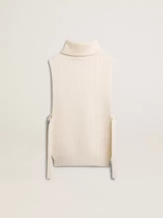 Unisex hvid højhalset ærmeløs sweater i ribbet uld