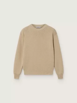 Unisex ribstrikket sweater i gylden beige til børn med logo på ryggen