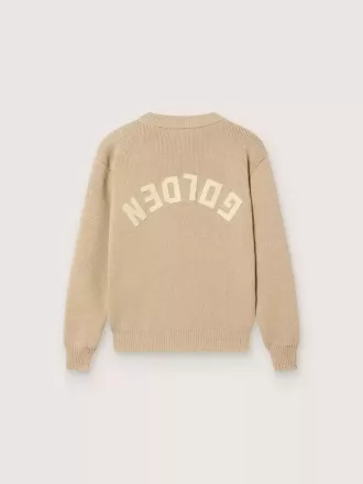Unisex ribstrikket sweater i gylden beige til børn med logo på ryggen